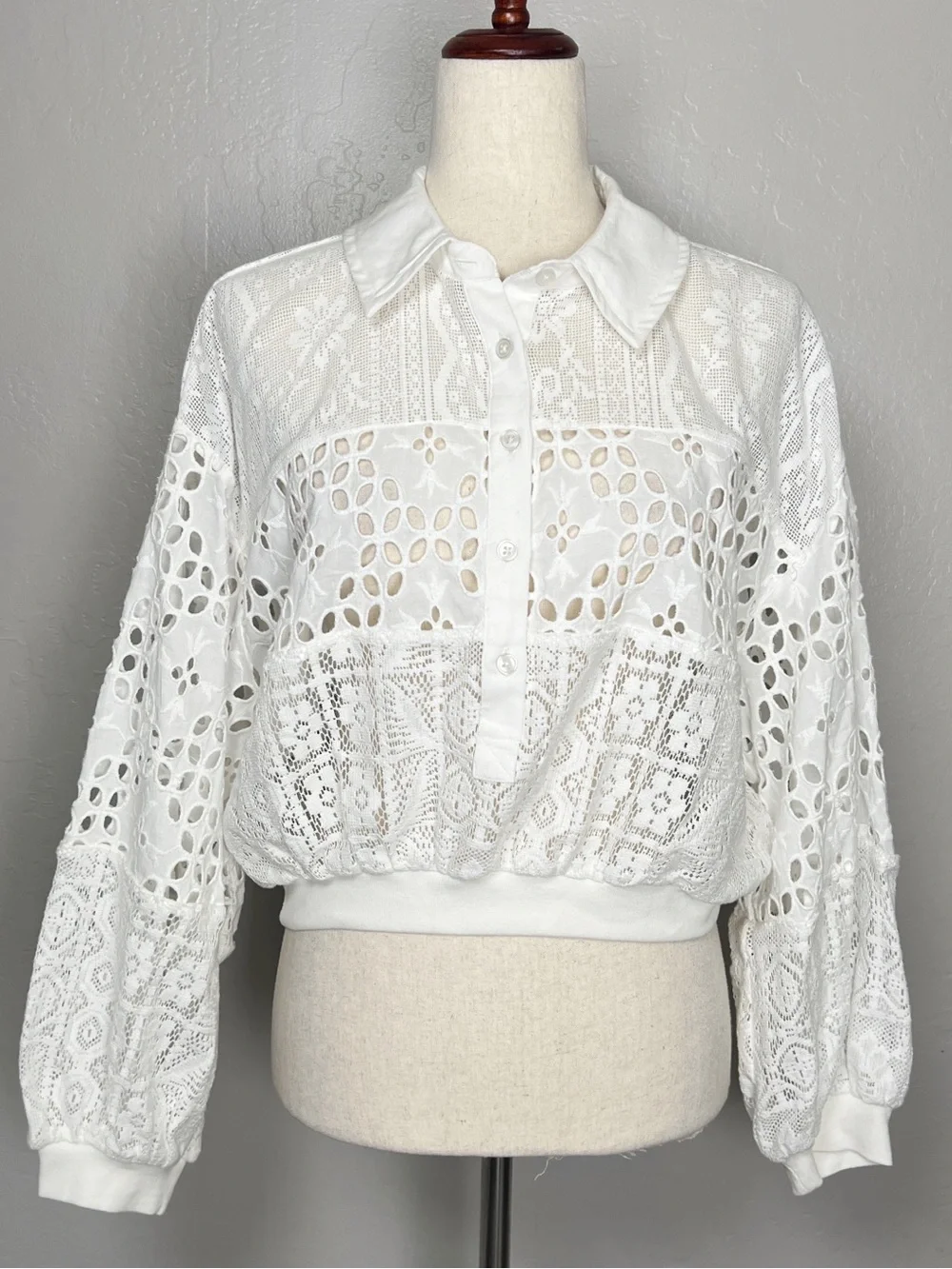 Anthropologie White Eyelet Cropped Button-Front Top